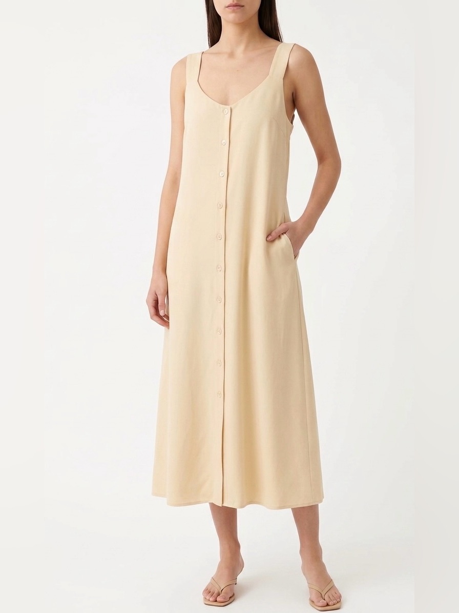 Moussy Buckle Strap Button-Front Midi Dress, Yellow, Free Size